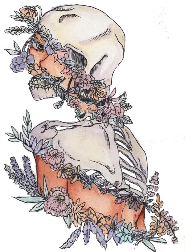 A watercolor portrait of a person with their back to the viewer, looking over their left shoulder. The top half of their head, lower half of their jaw, and a section across their spine and shoulder is white skeletal bone, the edges between the bone and skin marked with long streams of blooming pink, yellow, and purple flowers and greenery.
