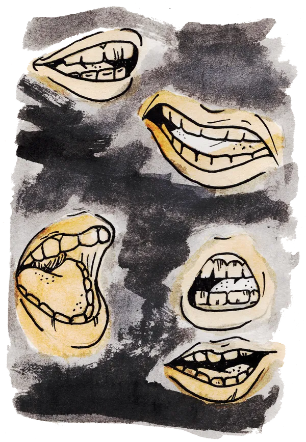 A series of human mouths open as if talking on a black background.