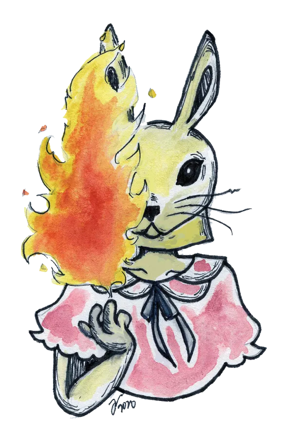 A weaver wearing a rabbit face mask with ears in a pink, frilly blouse. They have a hand slightly raised, a plume of fire rising from it.