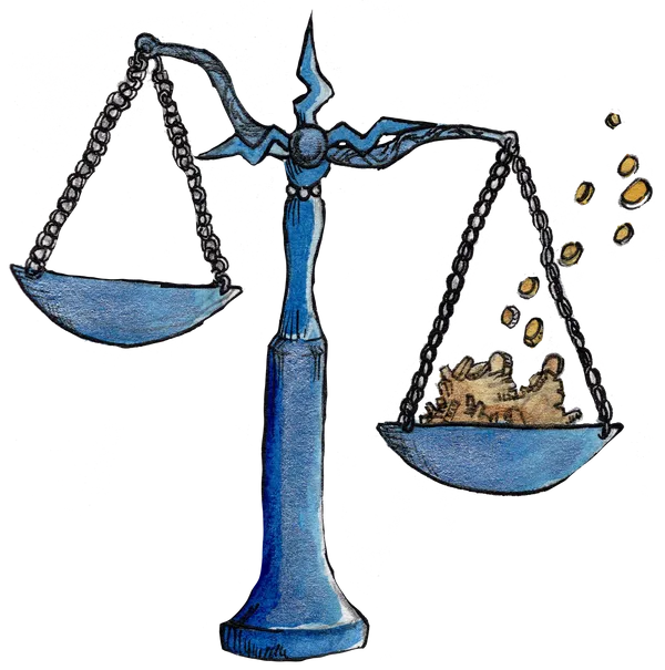A pair of blue scales for measuring weights. In one cup is gold in small pieces, some floating or flying away.