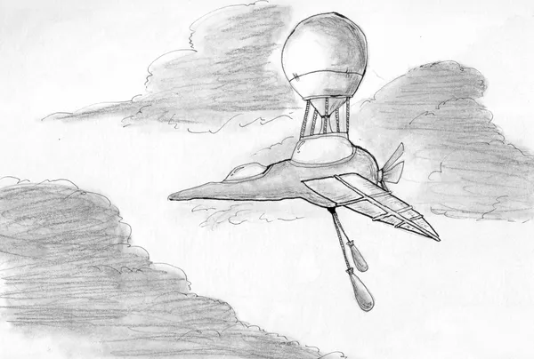 An airship of some kind with a balloon on top and ballast weights hanging down. The sky behind is cloudy.