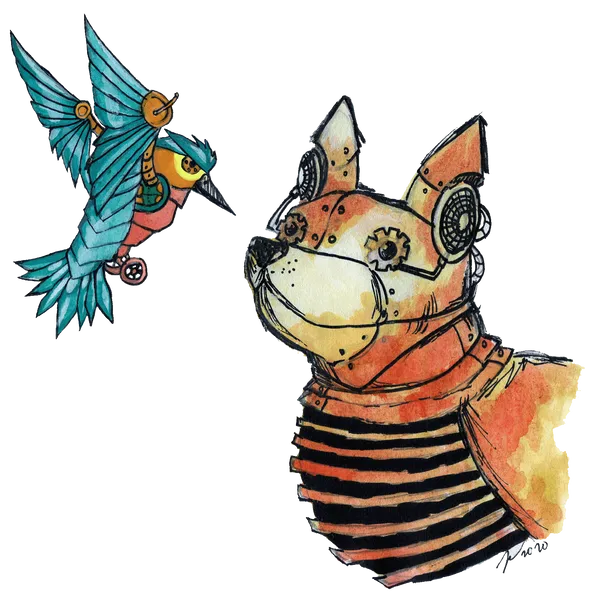 A metal robot in the shape of a fox. It has cogs for eyes and ears that stick straight up with small headphone like circles at their bases. Its chest is like an open vent and it has a warm reddish yellow color to it. A metallic kingfisher machine with bright blue feathers and a yellow face hovers in front of the fox.
